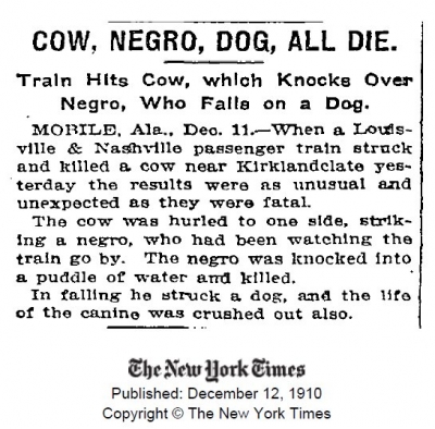 Train Hits Cow, which Knocks Over Negro, Who Falls on a Dog